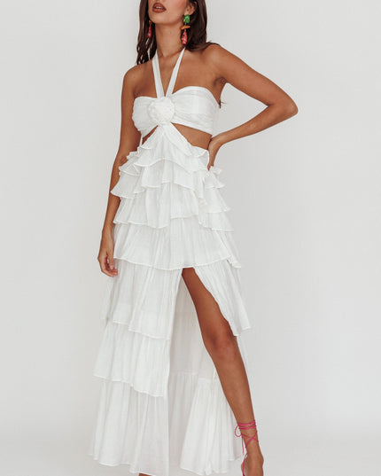 Off White Ruffle Halterneck Maxi Dress