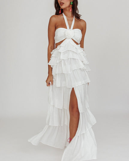 Off White Ruffle Halterneck Maxi Dress