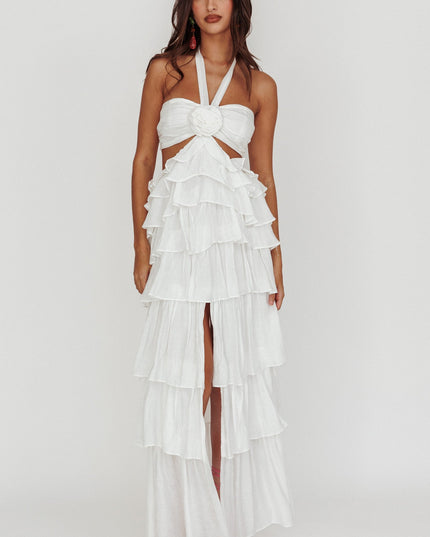 Off White Ruffle Halterneck Maxi Dress