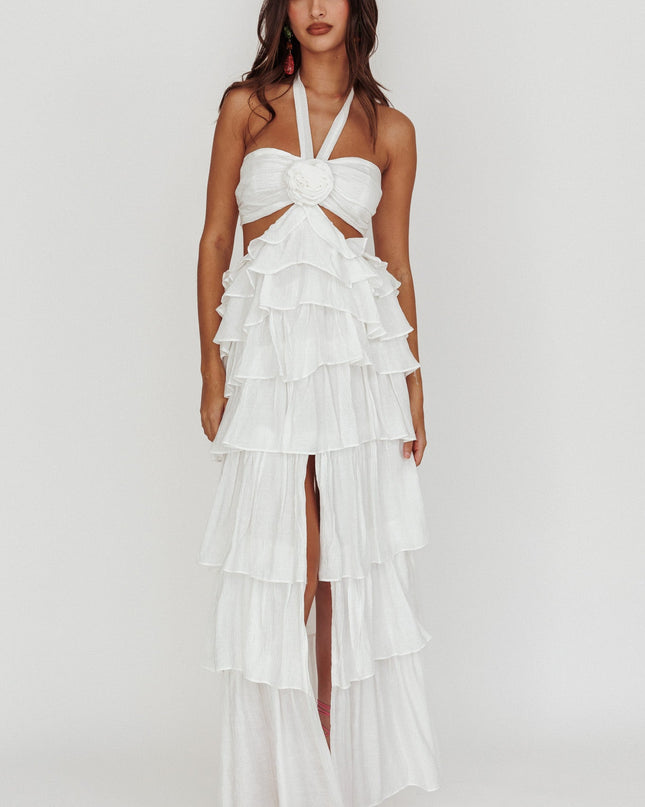 Off White Ruffle Halterneck Maxi Dress
