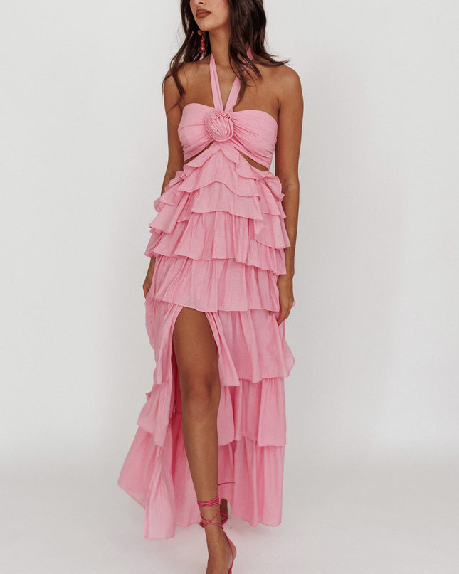 Pink Ruffle Halterneck Maxi Dress