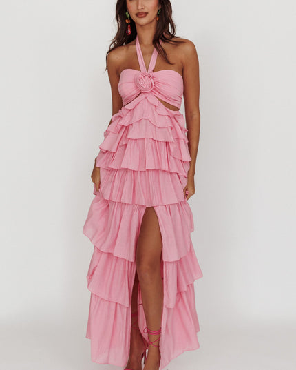 Pink Ruffle Halterneck Maxi Dress