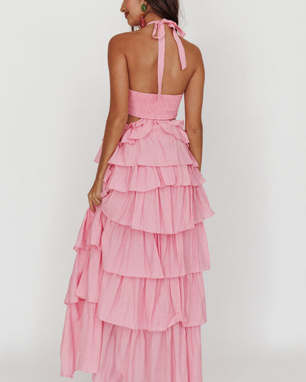 Pink Ruffle Halterneck Maxi Dress