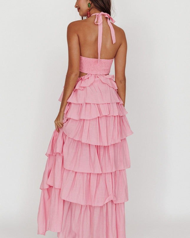 Pink Ruffle Halterneck Maxi Dress