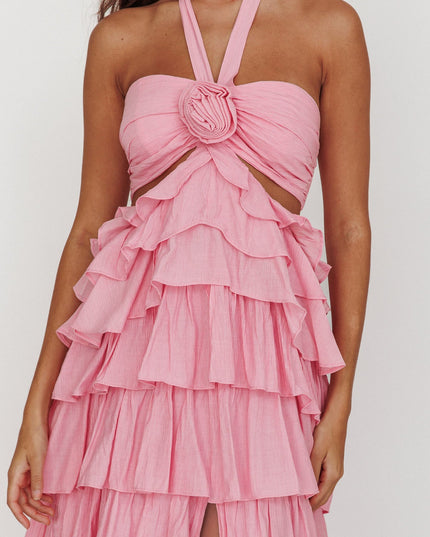 Pink Ruffle Halterneck Maxi Dress