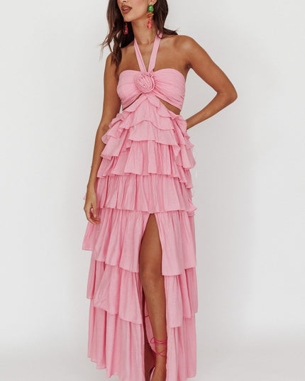 Pink Ruffle Halterneck Maxi Dress