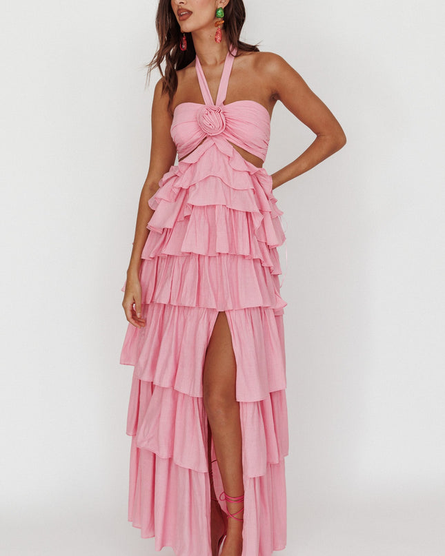 Pink Ruffle Halterneck Maxi Dress