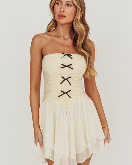 Cream Cherry Lips Strapless Chiffon Mini Dress