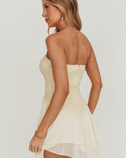 Cream Cherry Lips Strapless Chiffon Mini Dress