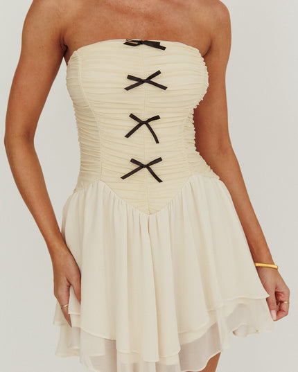 Cream Cherry Lips Strapless Chiffon Mini Dress