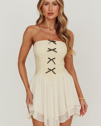 Cream Cherry Lips Strapless Chiffon Mini Dress
