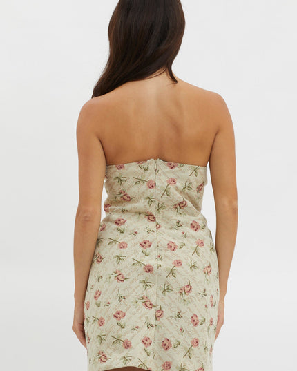 Floral Strapless Lace Trim Mini Dress Beige