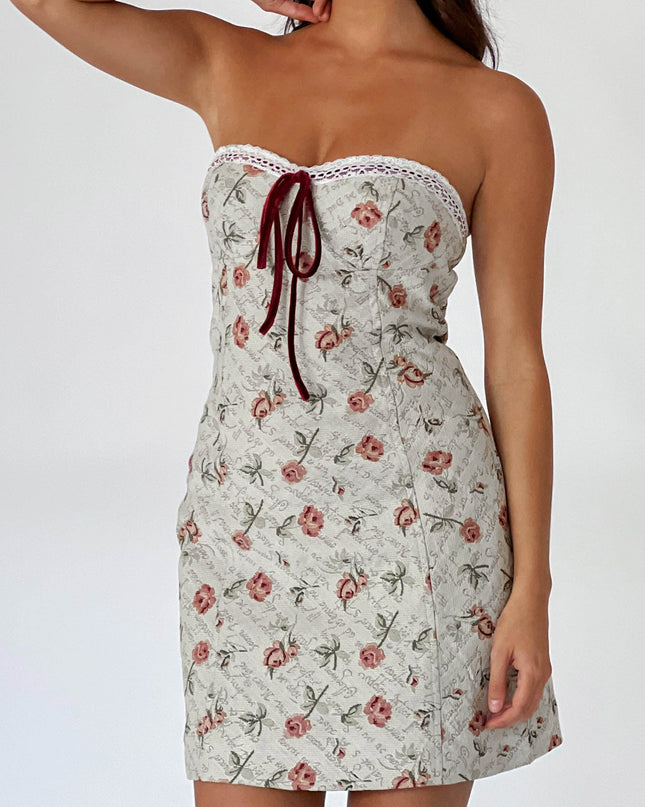 Floral Strapless Lace Trim Mini Dress Beige