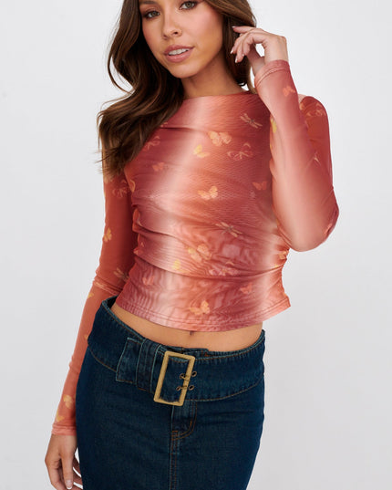 Multi Long Sleeve Mesh Top Rust