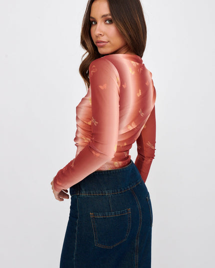 Multi Long Sleeve Mesh Top Rust