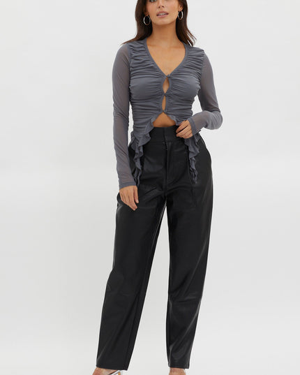 Grey Ruffle Trim Mesh Top Pewter