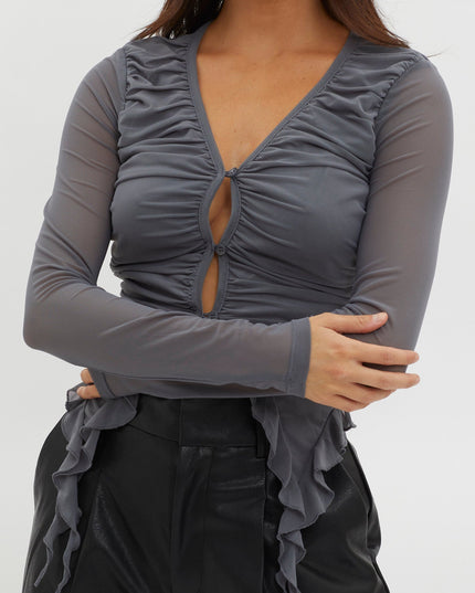 Grey Ruffle Trim Mesh Top Pewter