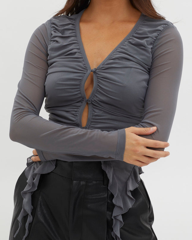 Grey Ruffle Trim Mesh Top Pewter