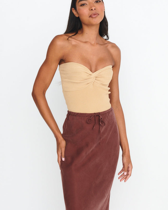 Beige Strapless Ribbed Knit Top