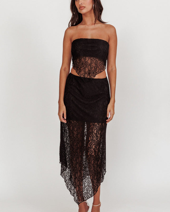 Black V-Hem Lace Midi Skirt