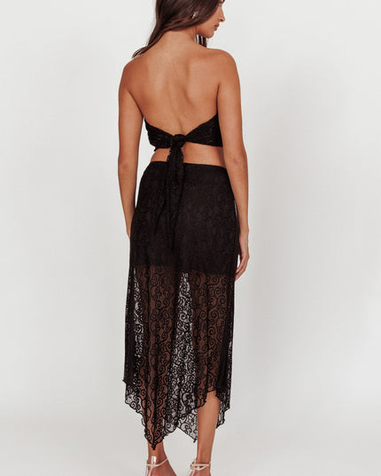 Black V-Hem Lace Midi Skirt