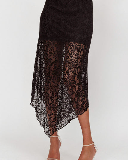 Black V-Hem Lace Midi Skirt