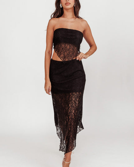 Black V-Hem Lace Midi Skirt