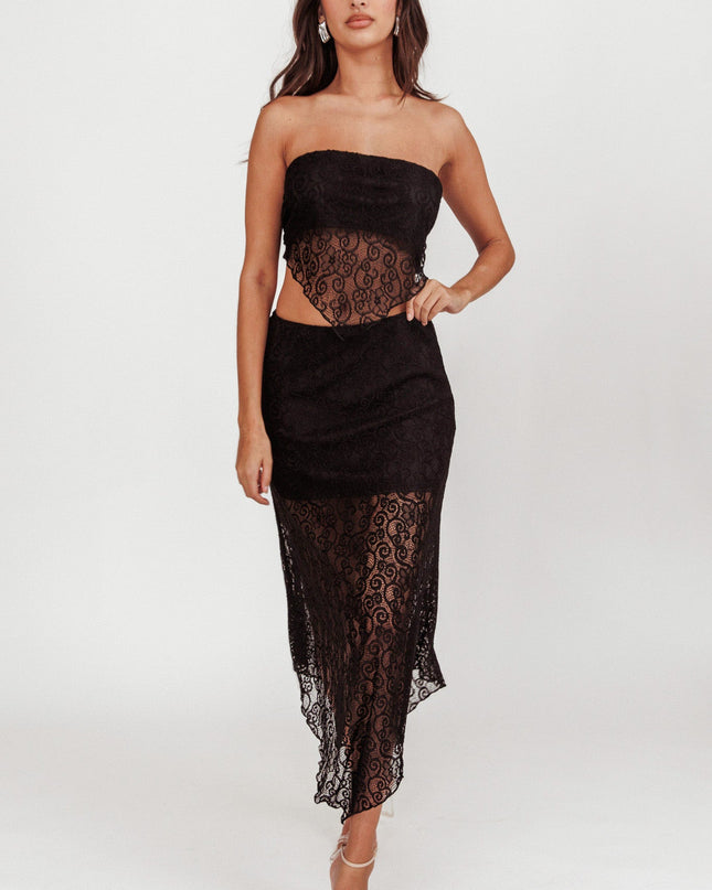 Black V-Hem Lace Midi Skirt