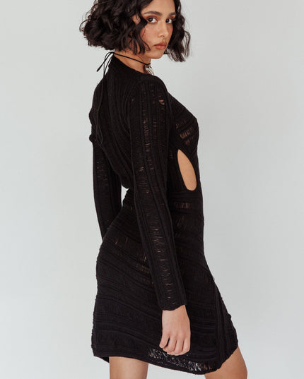 Black Crochet Long Sleeve Cut-Out Mini Dress