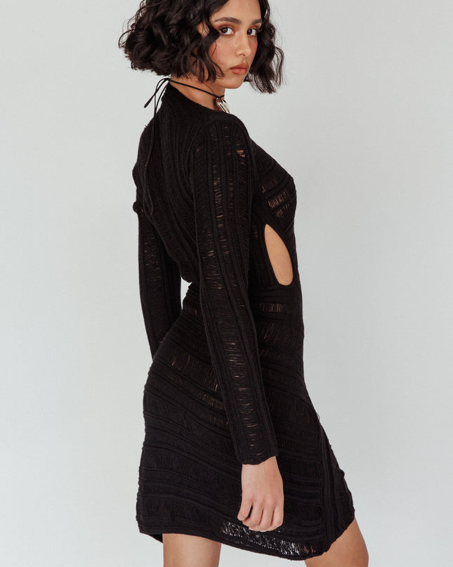 Black Crochet Long Sleeve Cut-Out Mini Dress