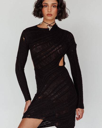 Black Crochet Long Sleeve Cut-Out Mini Dress