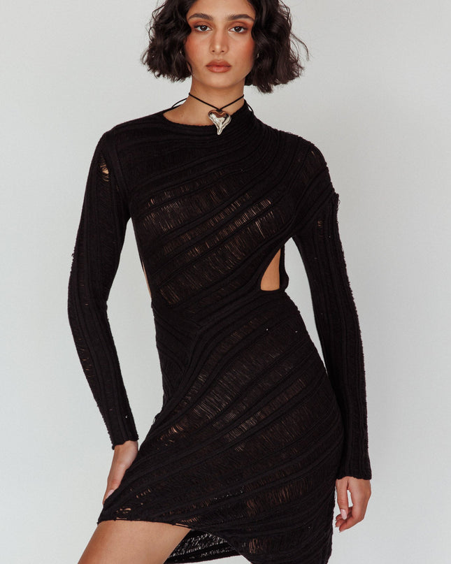 Black Crochet Long Sleeve Cut-Out Mini Dress
