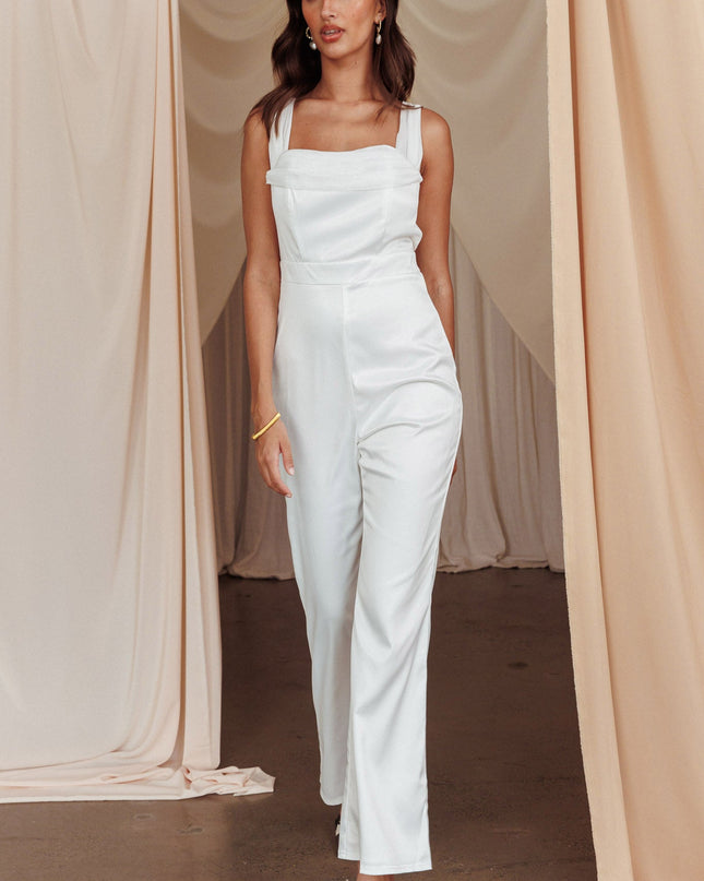 Off-White Chiffon Neckline Jumpsuit