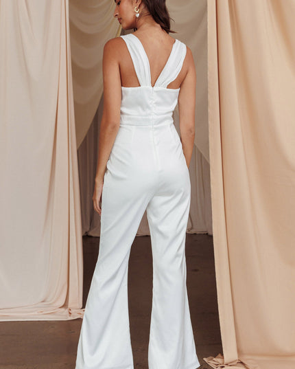 Off-White Chiffon Neckline Jumpsuit