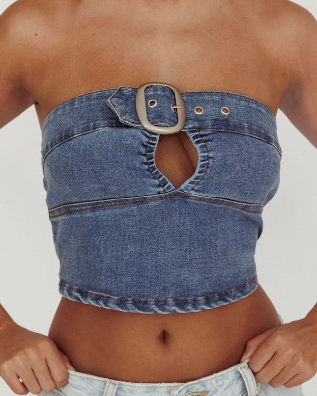 Blue Strapless Denim Cropped Top Medium