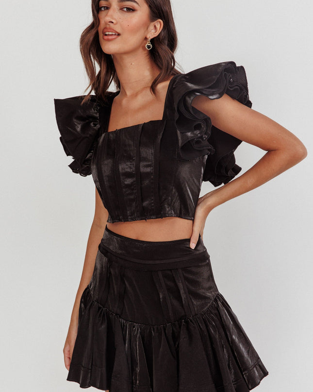 Black Ruffle Sleeve Crop Top