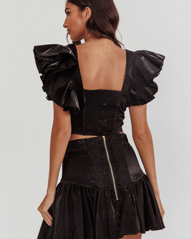 Black Ruffle Sleeve Crop Top
