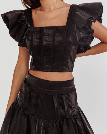 Black Ruffle Sleeve Crop Top