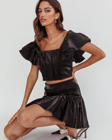 Black Ruffle Sleeve Crop Top
