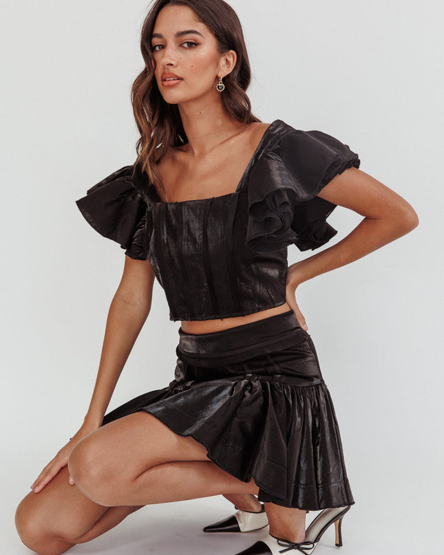 Black Ruffle Sleeve Crop Top