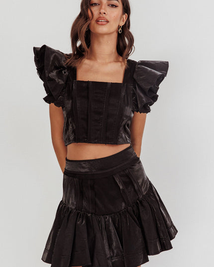 Black Drop Yoke Ruffle Skirt