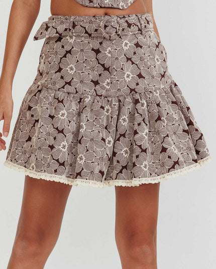 Brown Belted Waist Mini Skirt Floral