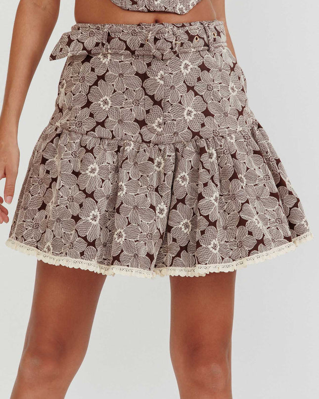 Brown Belted Waist Mini Skirt Floral