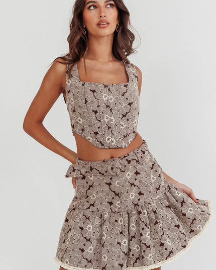 Brown Belted Waist Mini Skirt Floral