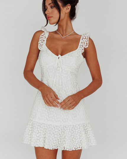 White Ruffle Strap Embroidered Mini Dress