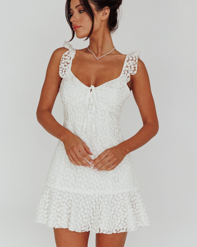 White Ruffle Strap Embroidered Mini Dress