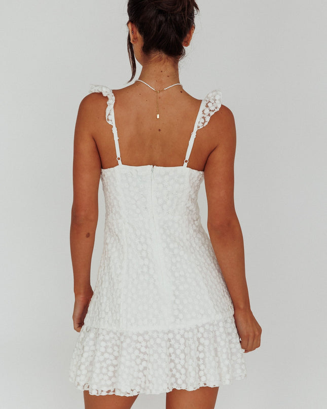 White Ruffle Strap Embroidered Mini Dress