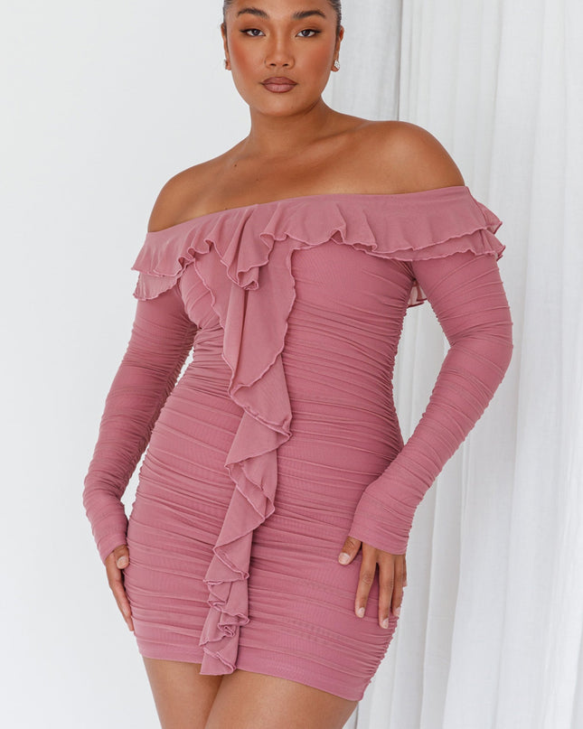 Mauve Off-Shoulder Long Sleeve Mini Dress