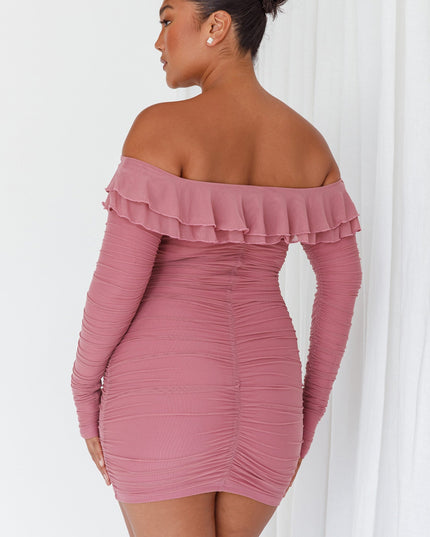 Mauve Off-Shoulder Long Sleeve Mini Dress