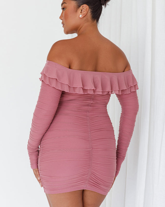Mauve Off-Shoulder Long Sleeve Mini Dress